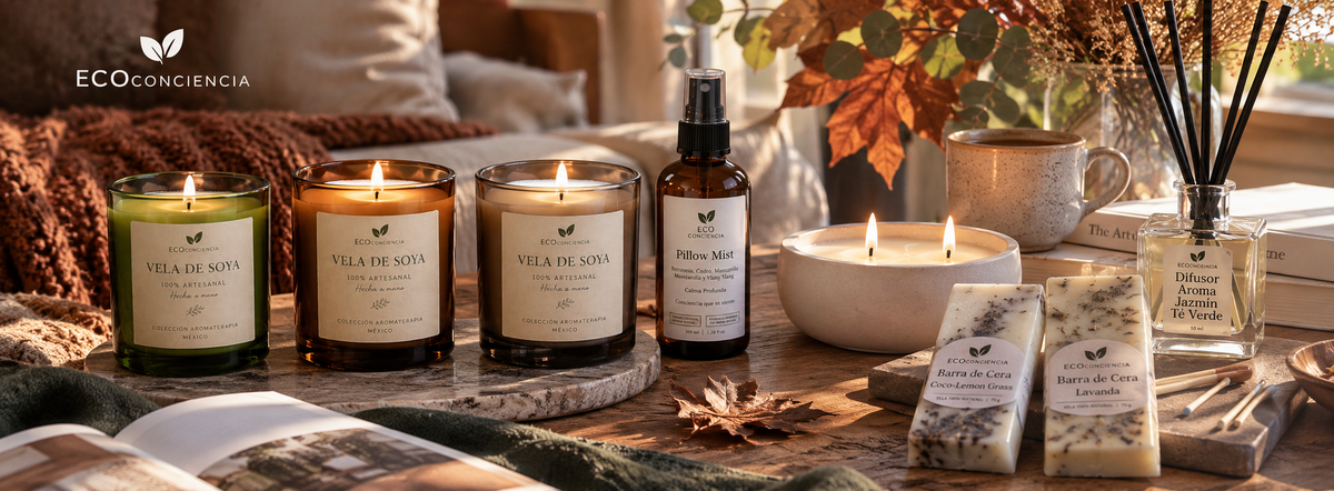 Colección Aromaterapia ECOconciencia - Velas de Soya, Pillow Mist, Barras de Cera y Difusor Aroma