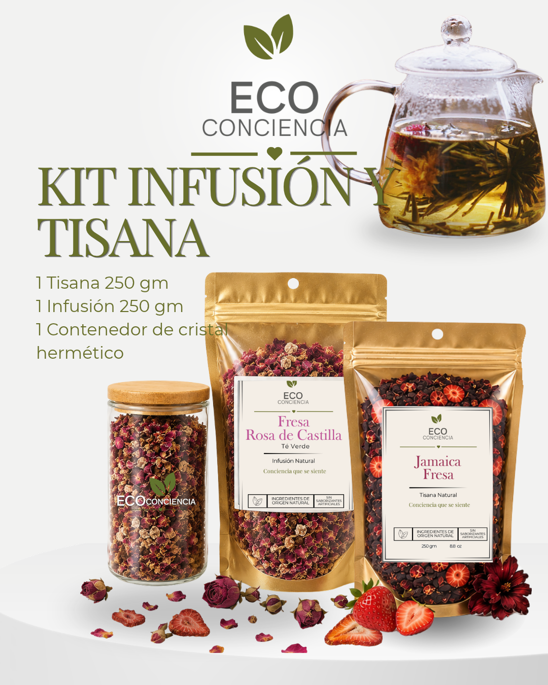 Kit Infusión y Tisana Eco Conciencia - Jamaica Fresa y Fresa Rosa de Castilla