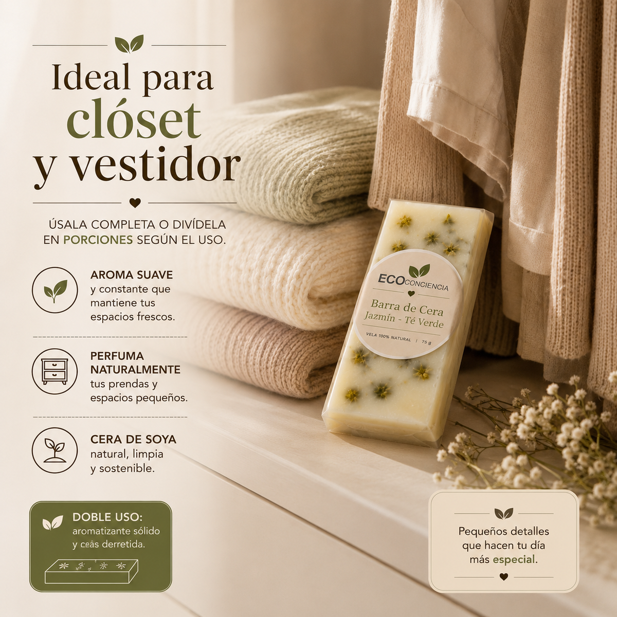 Barra de cera Wax Melt Eco Conciencia para aromatizar closets y armarios naturalmente